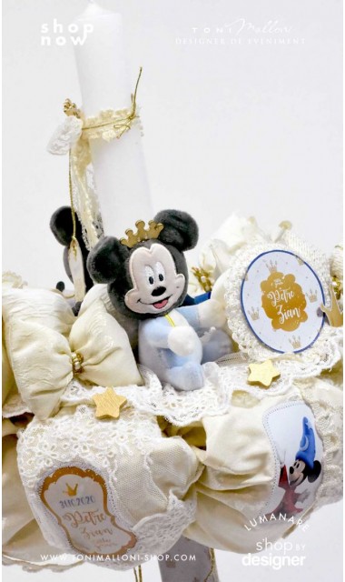 Lumanare botez Mickey Mouse personalizata grafic si inspirata din lumea Disney cu note roiale The King 4
